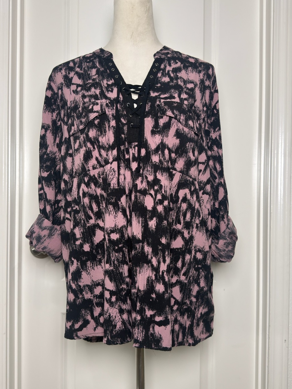 Rock & Republic Pink and Black Lace-Up Printed Tunic